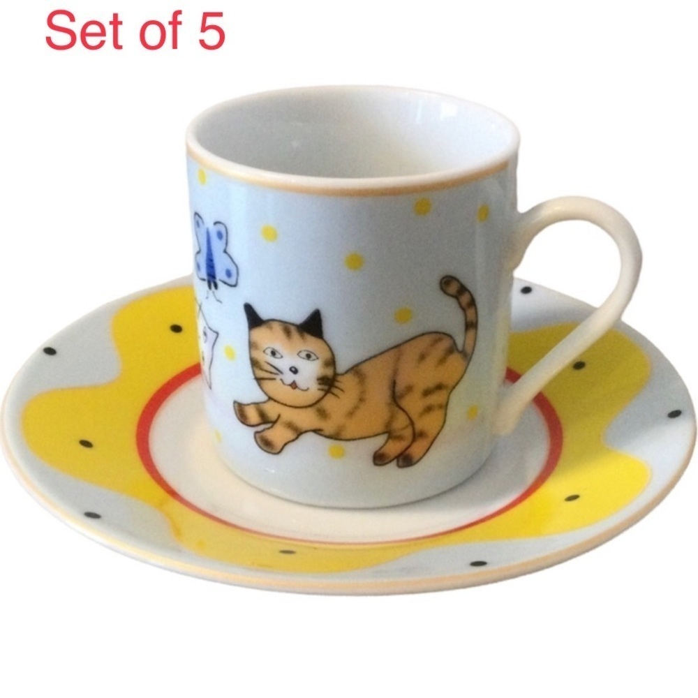 Espresso Demitasse Cups Set of Five Saucer Classic Coffee Cat Kitten Flower